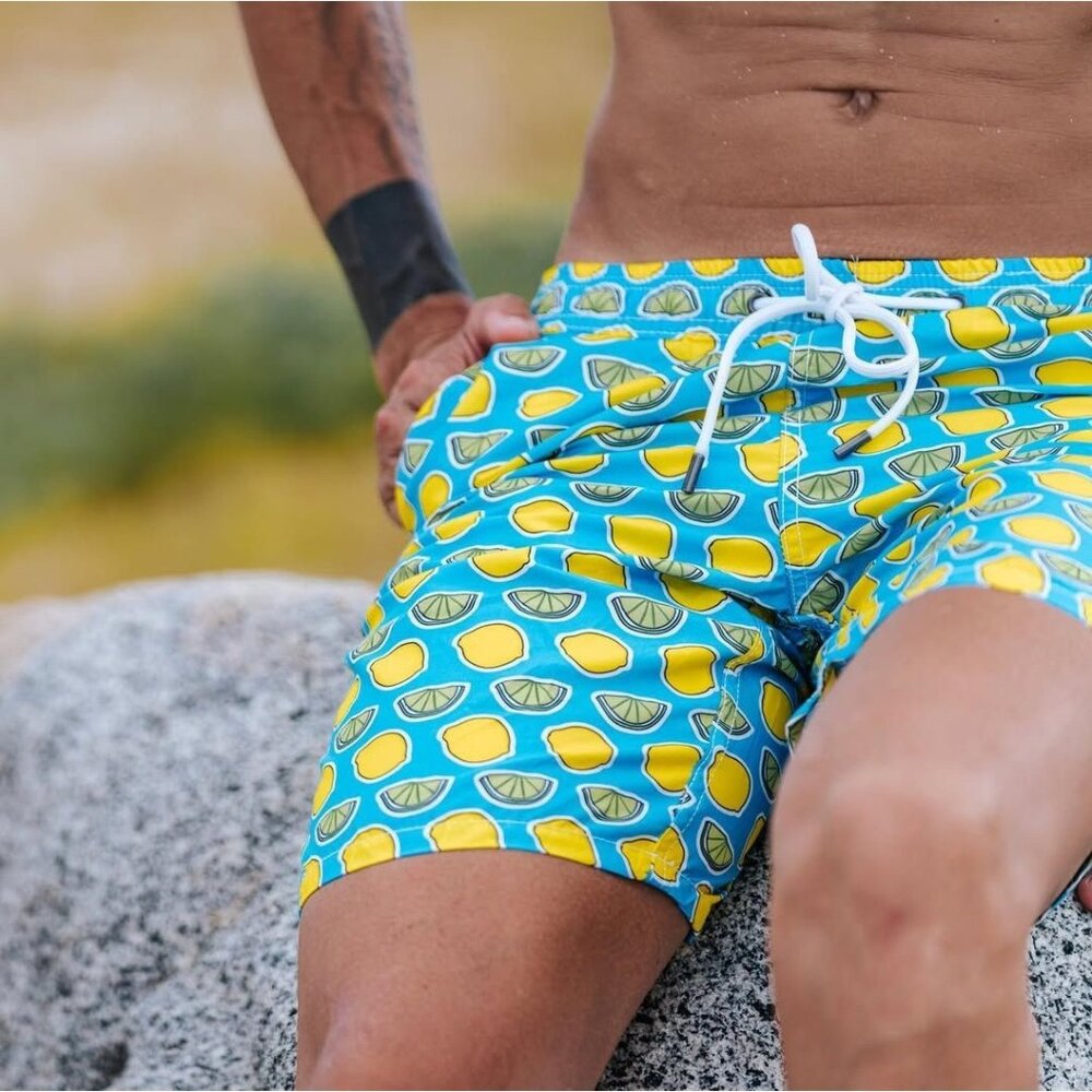 Beach Bros Mens Lemon Print Swim Trunks Blue & Yellow Size L beach pool vacation